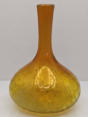 VTG Blenko Amber Crackle Glass Bottle Vase Long Neck Bulbous MCM Art Glass 9"